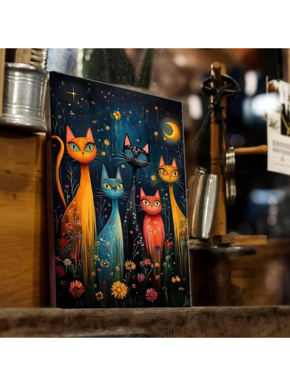 Colorful Cat Canvas Wall Art - Mystical Night Sky Decor for Bedroom & Dorm